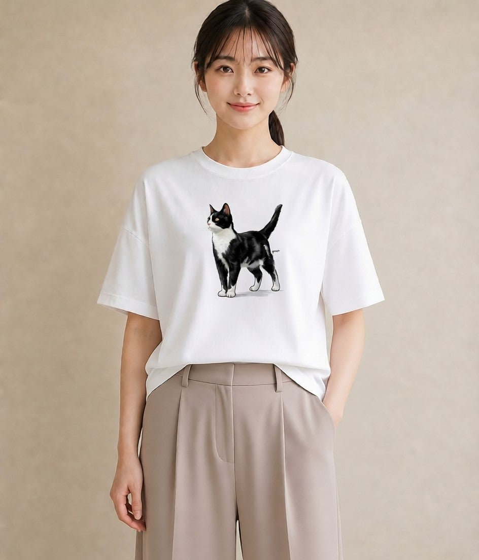 半袖Tシャツ レディース しっぽ 猫 ねこ イラスト ヴィンテージ風 在宅 公園 白T