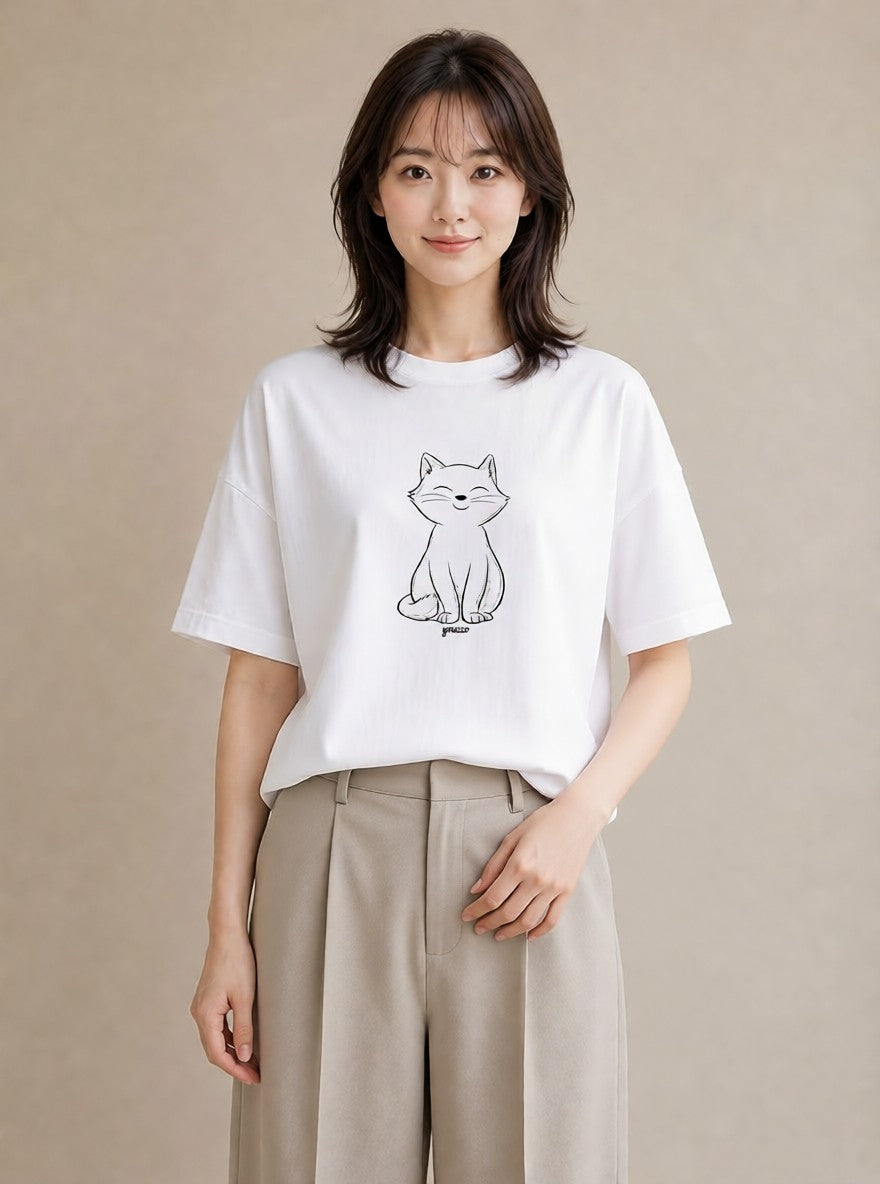 Tシャツ レディース 猫 ねこ ネコ イラスト ゆるコーデ 夏コーデ 通学 白T