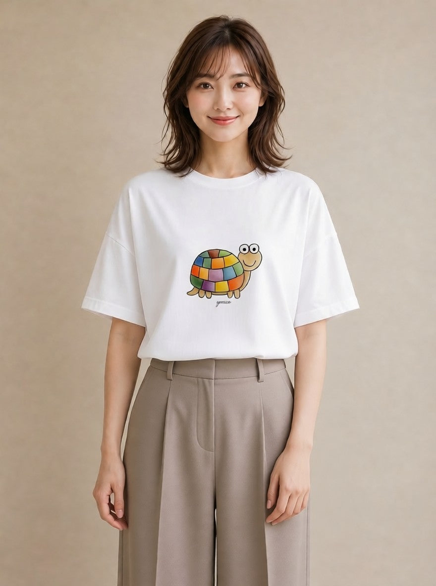 半袖Tシャツ レディース カメ ペット 動物 イラスト 普段使い 女子会 お揃い 白T