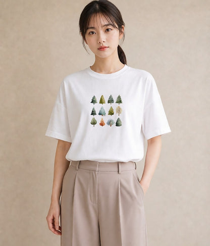 グラフィックTシャツ レディース 森 植物 ボタニカル イラスト 淡色 ミセス 春コーデ 白T