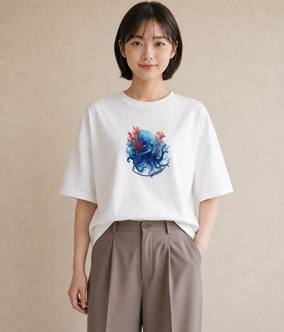 グラフィックTシャツ レディース タコ 海の生き物 海 イラスト 女性向けギフト 散歩 白T