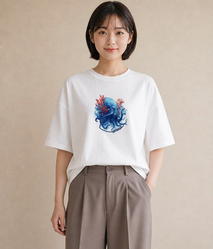 グラフィックTシャツ レディース タコ 海の生き物 海 イラスト 女性向けギフト 散歩 白T