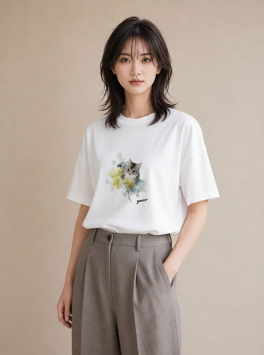 プリントTシャツ レディース 猫好き 猫 ねこ イラスト 淡色 友達ギフト 部屋着 白T