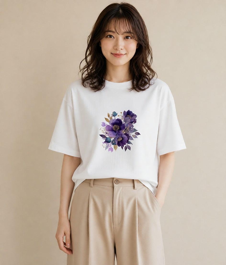 半袖Tシャツ レディース パンジー 花 花柄 イラスト 個性的 旅行 母娘コーデ 白T