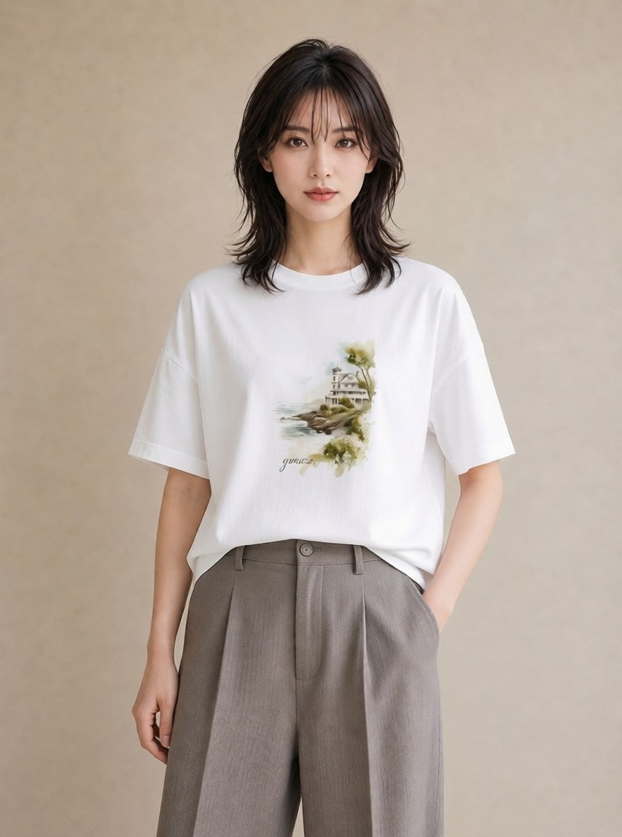 半袖Tシャツ レディース 灯台 霧 海 ナチュラル アンティーク イラスト 抜け感 春服 ミセス 白T
