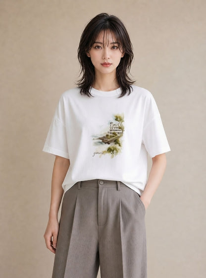 半袖Tシャツ レディース 灯台 霧 海 ナチュラル アンティーク イラスト 抜け感 春服 ミセス 白T