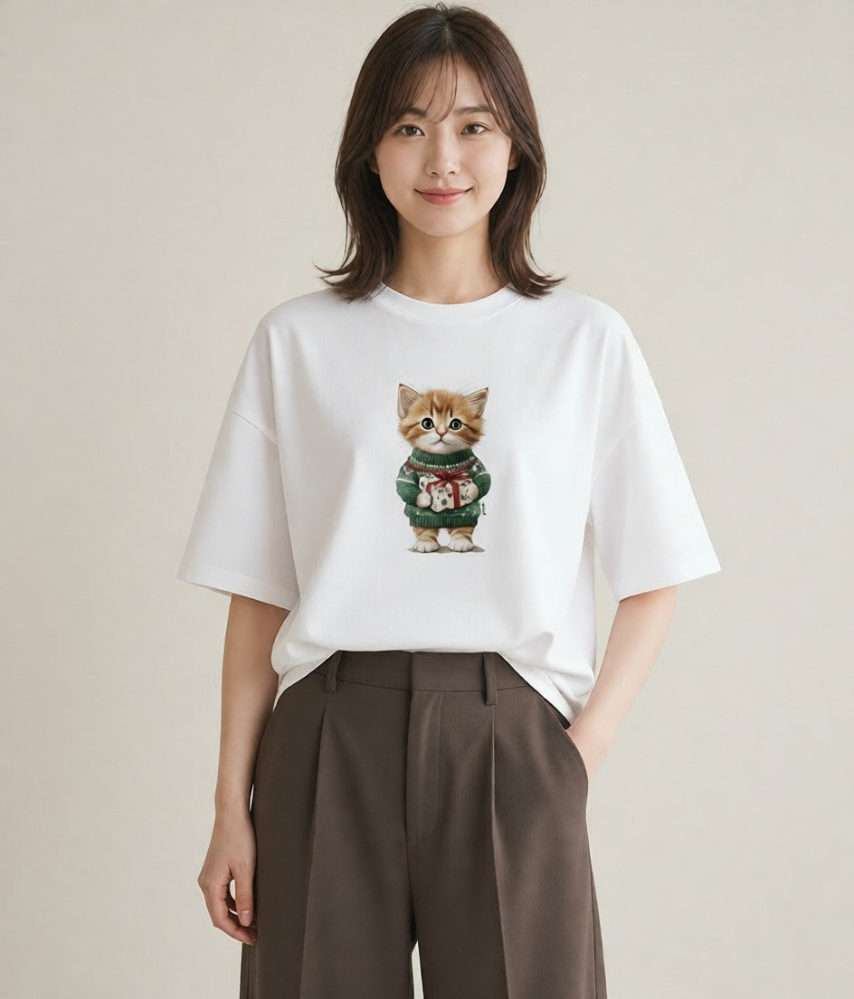デザインTシャツ レディース 子猫 猫 ねこ イラスト ミニマル 春服 ミセス 白T