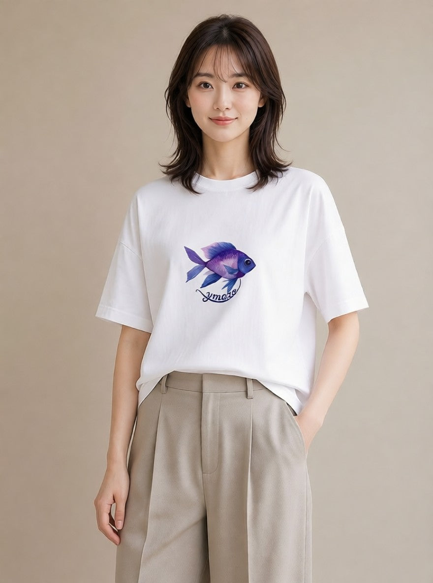 グラフィックTシャツ レディース マンボウ 海の生き物 海 イラスト シンプル 春服 ミセス 白T