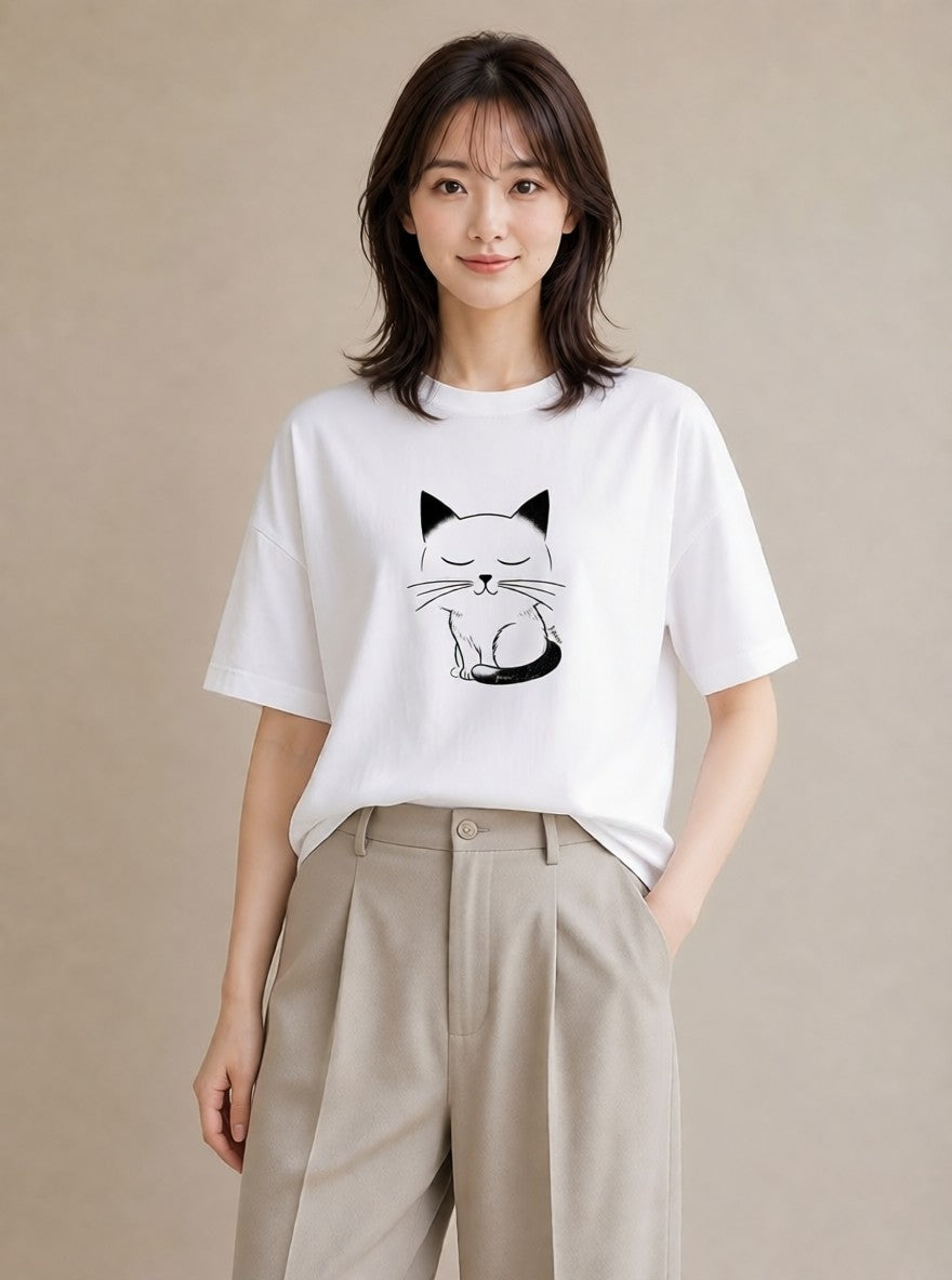 デザインTシャツ レディース 猫 ねこ ネコ イラスト デイリーウェア 休日 白T