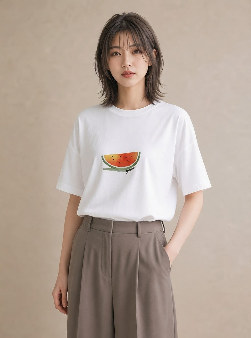 プリントTシャツ レディース メロン 食べ物 フード イラスト レトロ 親子 20代 白T