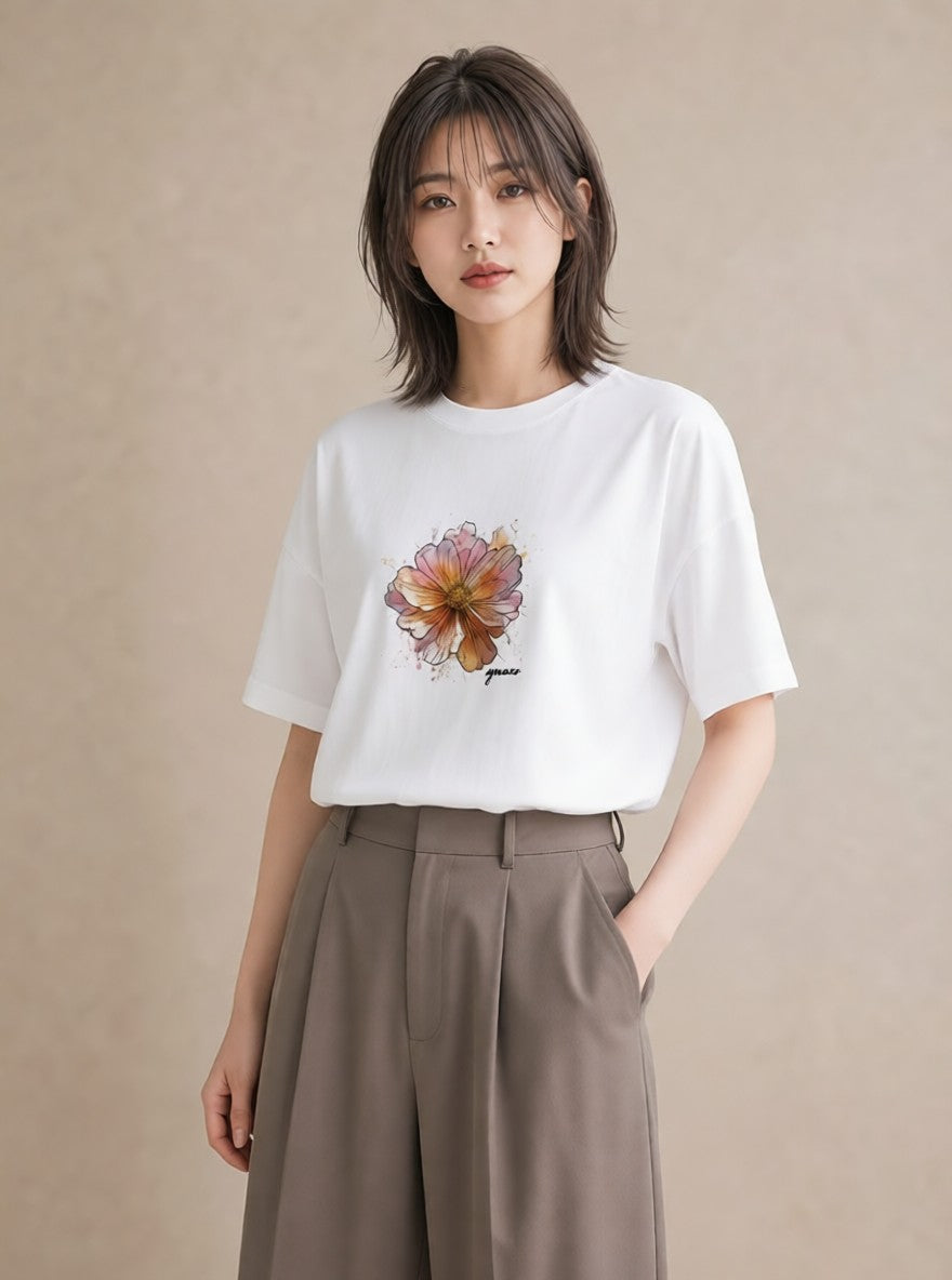 半袖Tシャツ レディース コスモス 秋桜 花 花柄 イラスト 淡色 在宅 公園 白T
