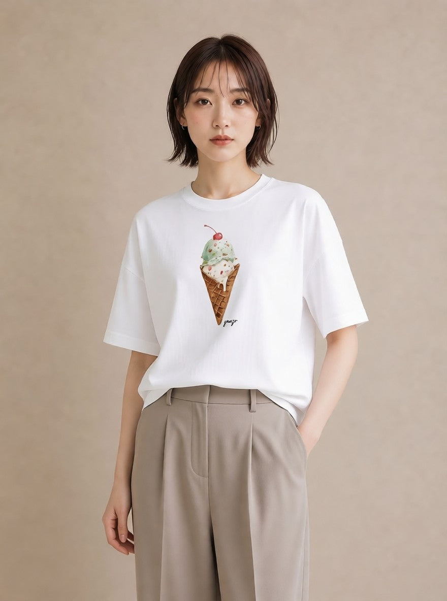 グラフィックTシャツ レディース パフェ 食べ物 フード イラスト 淡色 カフェ巡り 女子会 白T