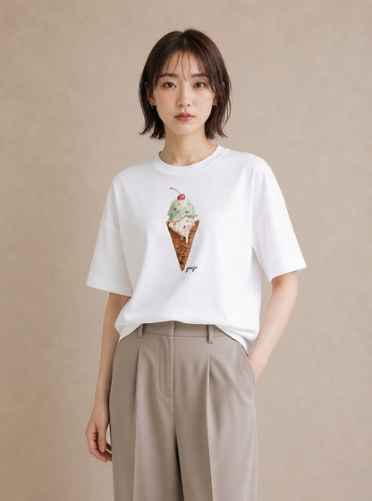 グラフィックTシャツ レディース パフェ 食べ物 フード イラスト 淡色 カフェ巡り 女子会 白T