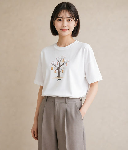 デザインTシャツ レディース 街灯 夜霧 夜 ナチュラル アンティーク イラスト 普段使い レイヤード 友達ギフト 白T