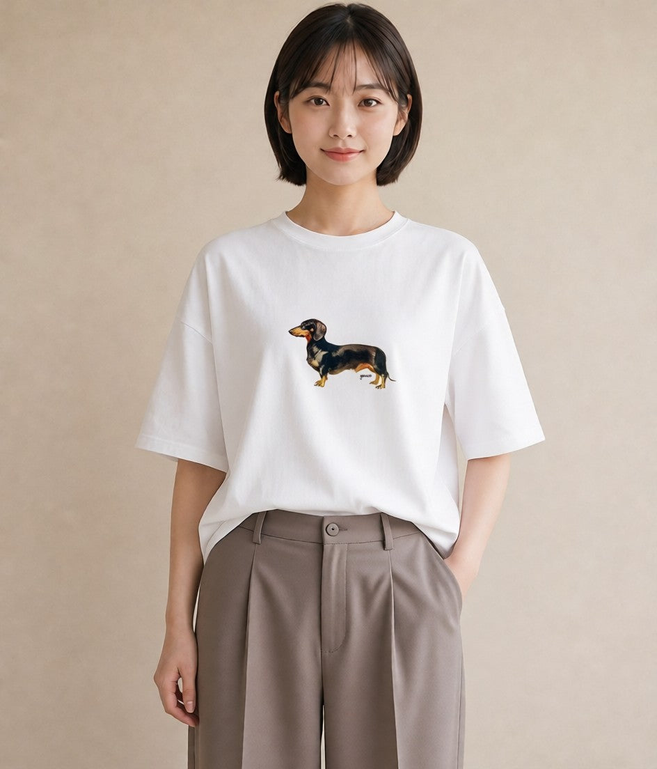 半袖Tシャツ レディース ミニチュアダックスフンド 犬 いぬ イラスト モード ルームウェア ギフト 白T