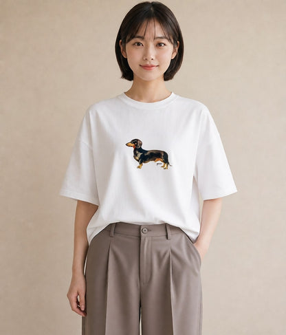 半袖Tシャツ レディース ミニチュアダックスフンド 犬 いぬ イラスト モード ルームウェア ギフト 白T
