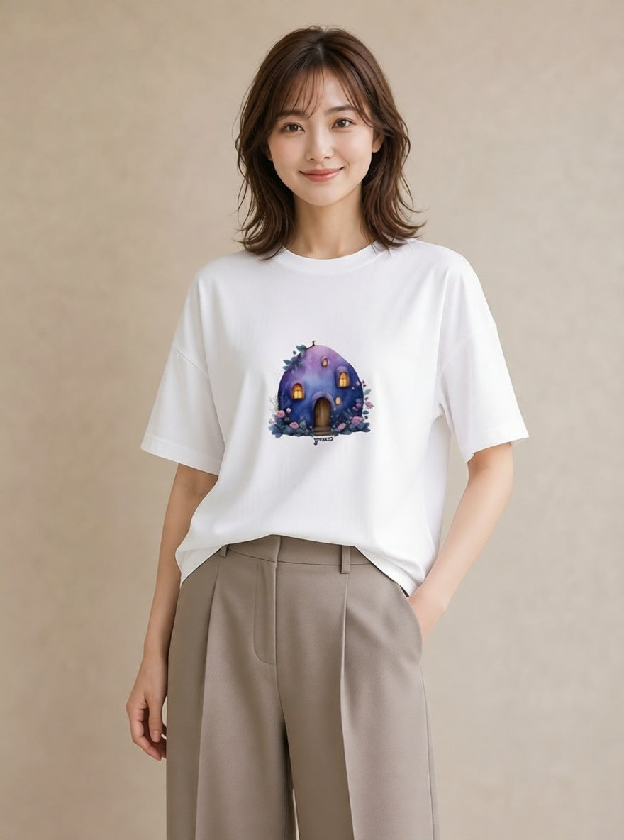 グラフィックTシャツ レディース 灯りの家 小屋 夜 ナチュラル アンティーク イラスト ボタニカル 誕生日プレゼント 綿100 白T
