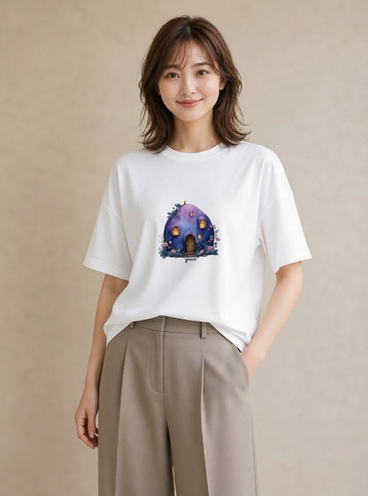 グラフィックTシャツ レディース 灯りの家 小屋 夜 ナチュラル アンティーク イラスト ボタニカル 誕生日プレゼント 綿100 白T