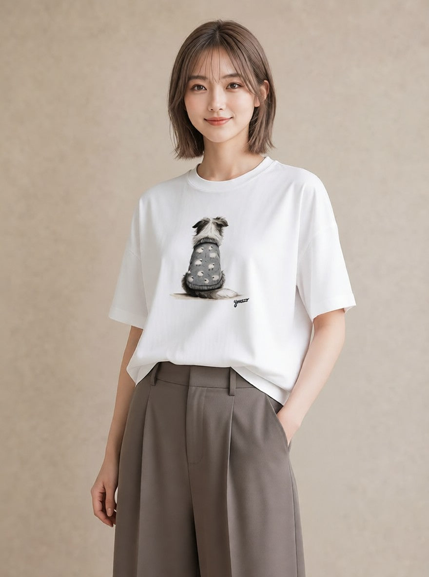 半袖Tシャツ レディース 犬 いぬ イラスト 休日コーデ 帰省 ラフ 白T