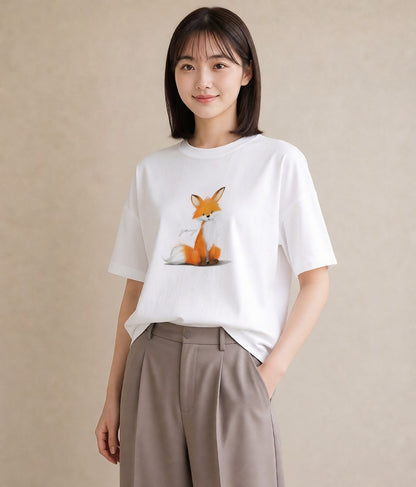 デザインTシャツ レディース きつね 動物 アニマル イラスト ミニマル ミセス 春コーデ 白T