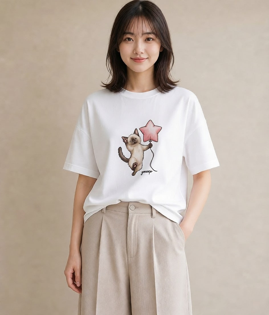 Tシャツ レディース シャム柄 猫 ねこ イラスト ナチュラル 母の日 ビーチ 白T
