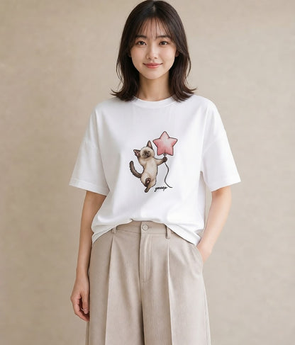 Tシャツ レディース シャム柄 猫 ねこ イラスト ナチュラル 母の日 ビーチ 白T
