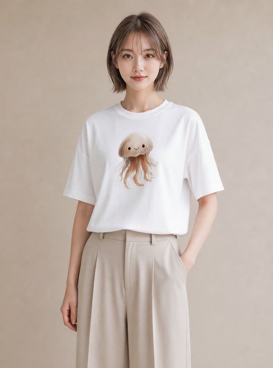 プリントTシャツ レディース くらげ クラゲ 海の生き物 海 イラスト ラフカジュアル 送別ギフト 通勤 白T