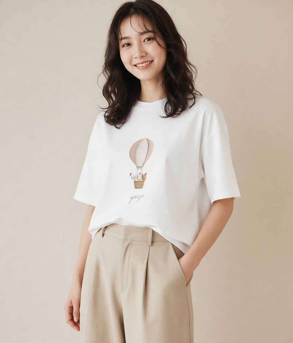 半袖Tシャツ レディース 紙風船 和紙 ナチュラル アンティーク イラスト 個性的 自分用 ルームウェア 白T