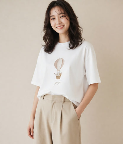 半袖Tシャツ レディース 紙風船 和紙 ナチュラル アンティーク イラスト 個性的 自分用 ルームウェア 白T