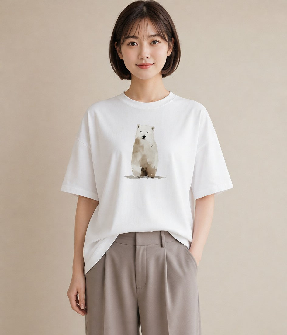 半袖Tシャツ レディース しろくま 白くま 動物 アニマル イラスト 普段使い ペアコーデ 秋コーデ 白T