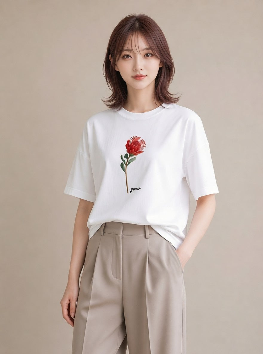 半袖Tシャツ レディース ポスト 野の花 レトロ ナチュラル アンティーク イラスト 上品 休日 ペアコーデ 白T