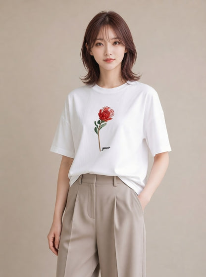 半袖Tシャツ レディース ポスト 野の花 レトロ ナチュラル アンティーク イラスト 上品 休日 ペアコーデ 白T