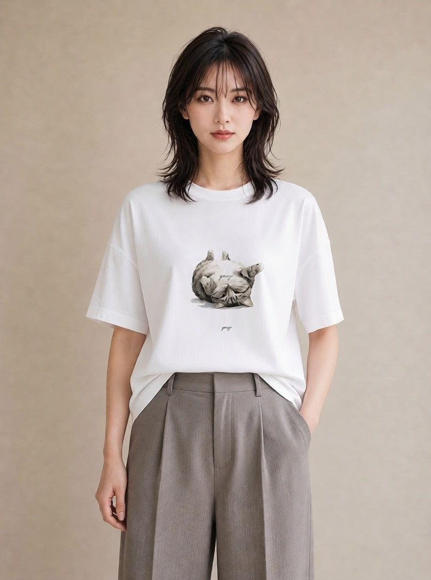 プリントTシャツ レディース 白猫 猫 ねこ イラスト アート風 母の日 ビーチ 白T