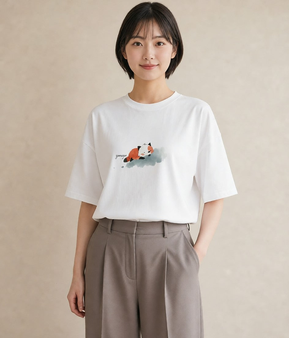 半袖Tシャツ レディース たぬき 動物 アニマル イラスト アート風 おしゃれギフト 社会人 白T