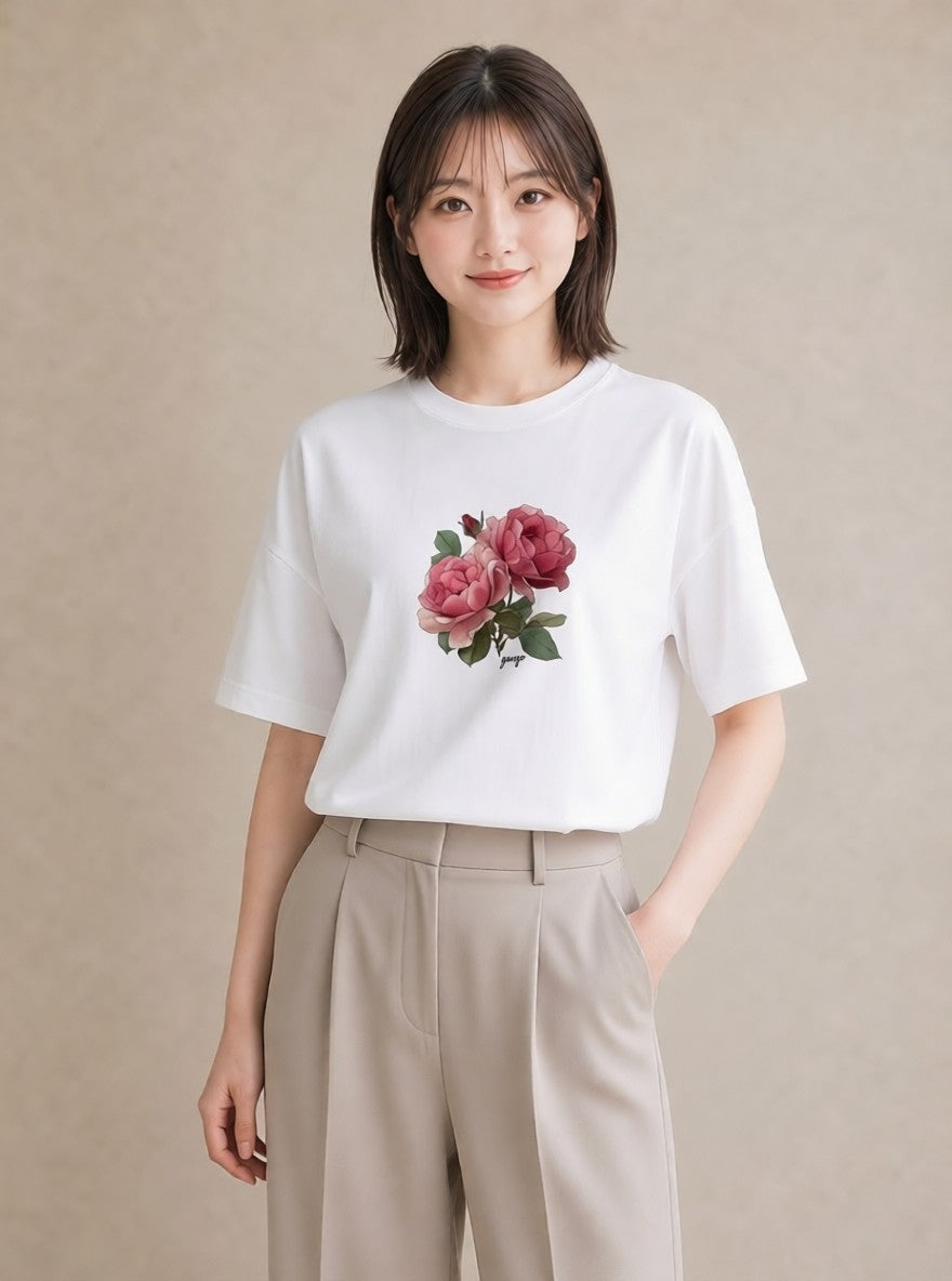 半袖Tシャツ レディース バラ 薔薇 ローズ 花 花柄 イラスト アート風 女性 旅行用 白T