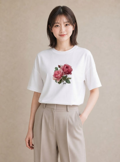 半袖Tシャツ レディース バラ 薔薇 ローズ 花 花柄 イラスト アート風 女性 旅行用 白T