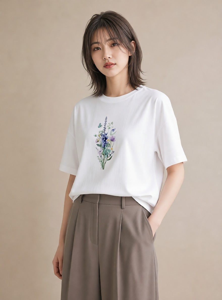プリントTシャツ レディース ポスト 野の花 レトロ ナチュラル アンティーク イラスト ユニーク 女性向けギフト 散歩 白T