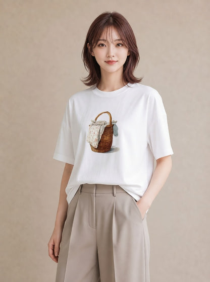 Tシャツ レディース 自転車のかご 自転車 花かご ナチュラル アンティーク イラスト 水彩風 春服 ミセス 白T