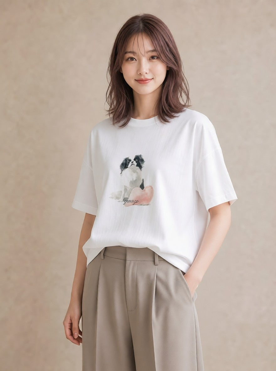 プリントTシャツ レディース 狆 犬 いぬ イラスト モード 友達ギフト 部屋着 白T