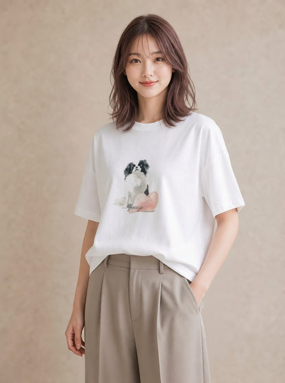 プリントTシャツ レディース 狆 犬 いぬ イラスト モード 友達ギフト 部屋着 白T