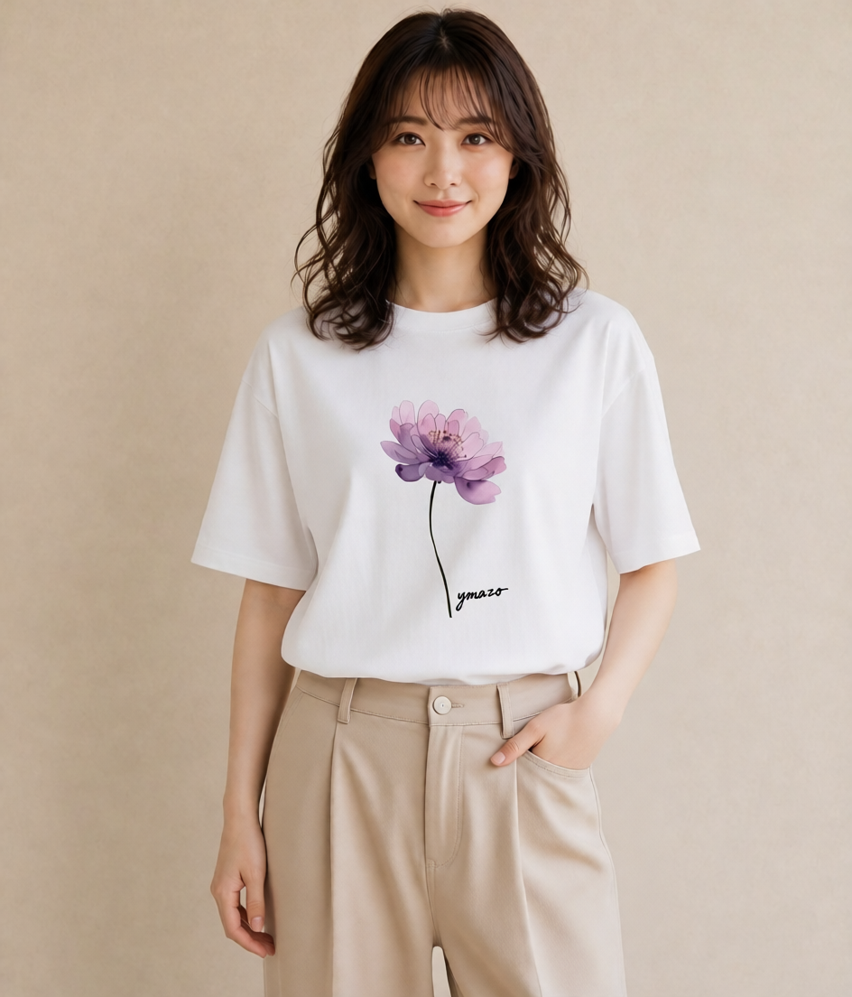 半袖Tシャツ レディース スミレ 花 花柄 イラスト ラフカジュアル 海 カフェ巡り 白T