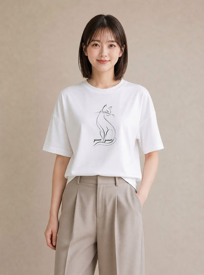 デザインTシャツ レディース 猫 ねこ ネコ イラスト 旅行コーデ 散歩 お出かけ 白T