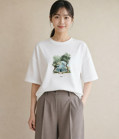 プリントTシャツ レディース 湖畔の小屋 湖 小屋 ナチュラル アンティーク イラスト アート風 ミセス 春コーデ 白T