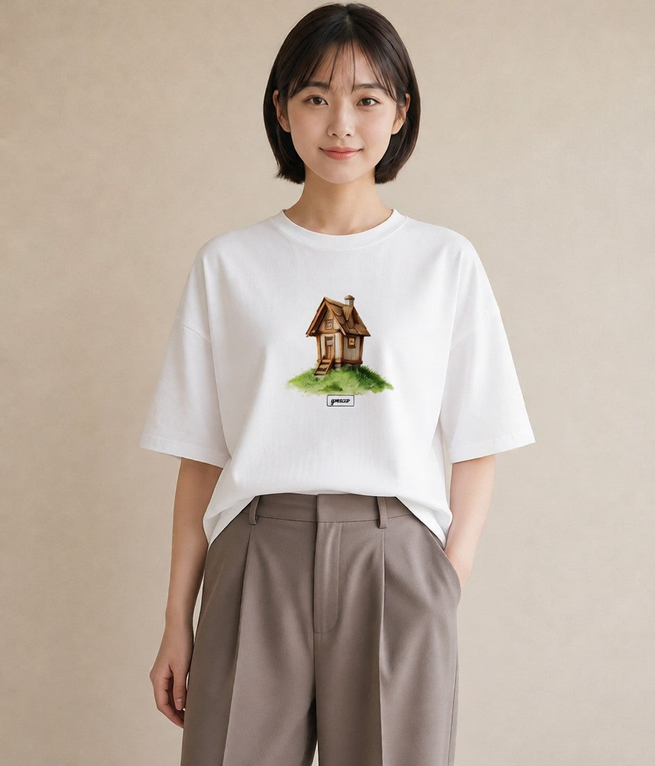 半袖Tシャツ レディース 灯りの家 小屋 夜 ナチュラル アンティーク イラスト ニュアンス 母の日 ビーチ 白T