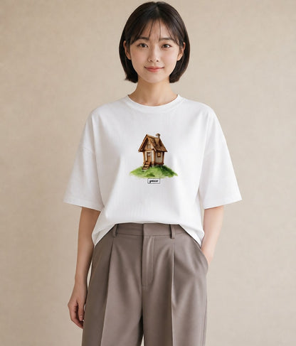 半袖Tシャツ レディース 灯りの家 小屋 夜 ナチュラル アンティーク イラスト ニュアンス 母の日 ビーチ 白T