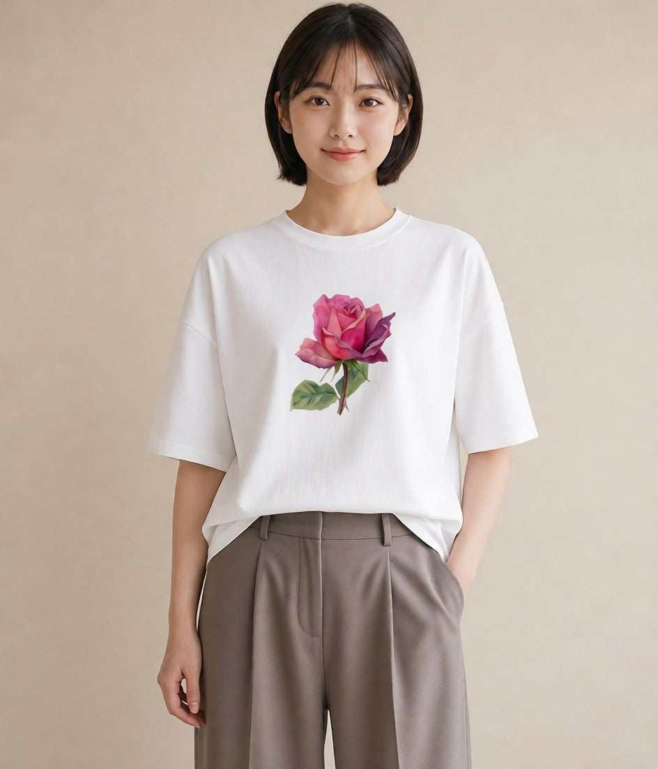 プリントTシャツ レディース バラ 薔薇 ローズ 花 花柄 イラスト カフェ服 クリスマス 白T