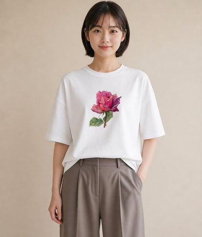 プリントTシャツ レディース バラ 薔薇 ローズ 花 花柄 イラスト カフェ服 クリスマス 白T