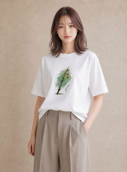 半袖Tシャツ レディース 街灯 夜霧 夜 ナチュラル アンティーク イラスト 旅行コーデ 旅行 母娘コーデ 白T
