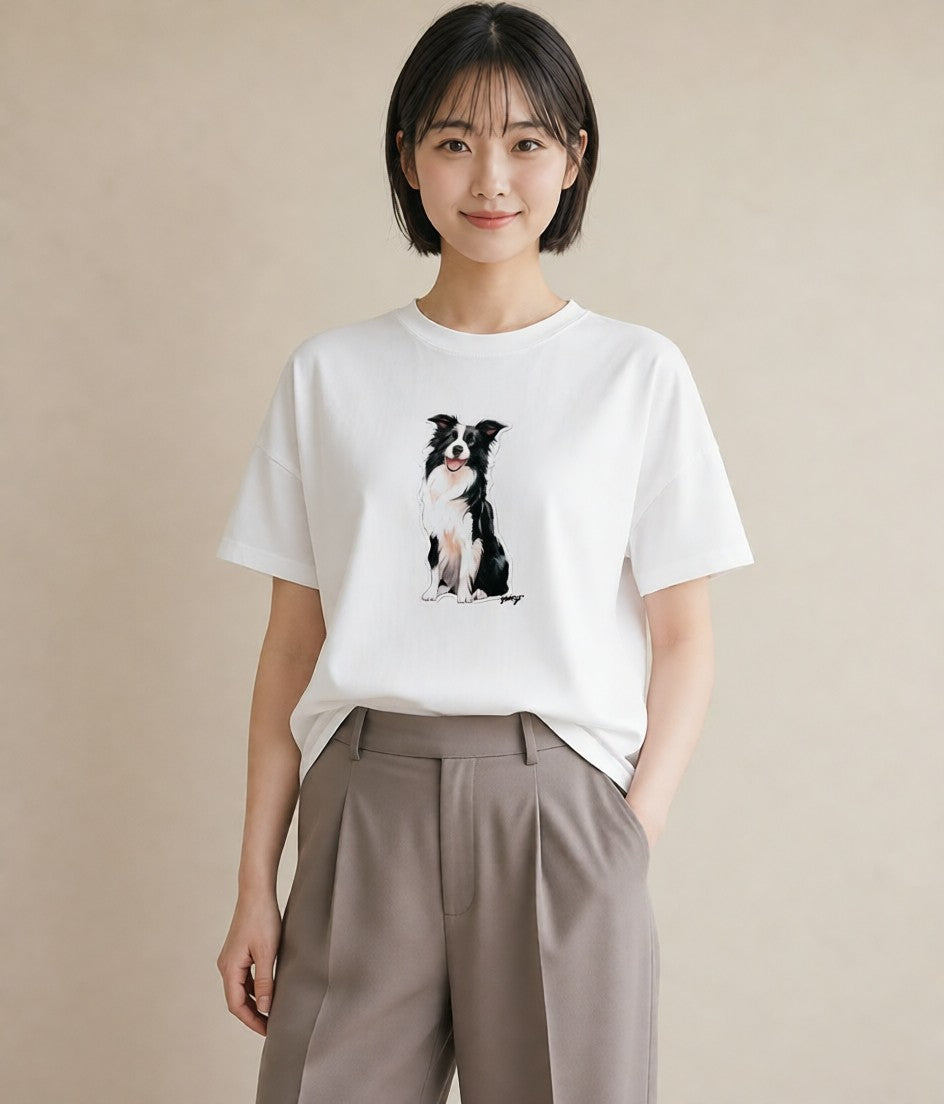 プリントTシャツ レディース ボーダーコリー 犬 いぬ イラスト シンプル 女性向けギフト 散歩 白T
