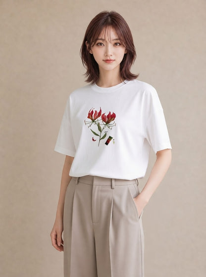 グラフィックTシャツ レディース 彼岸花 花 花柄 イラスト こなれ感 普段着 週末コーデ 白T